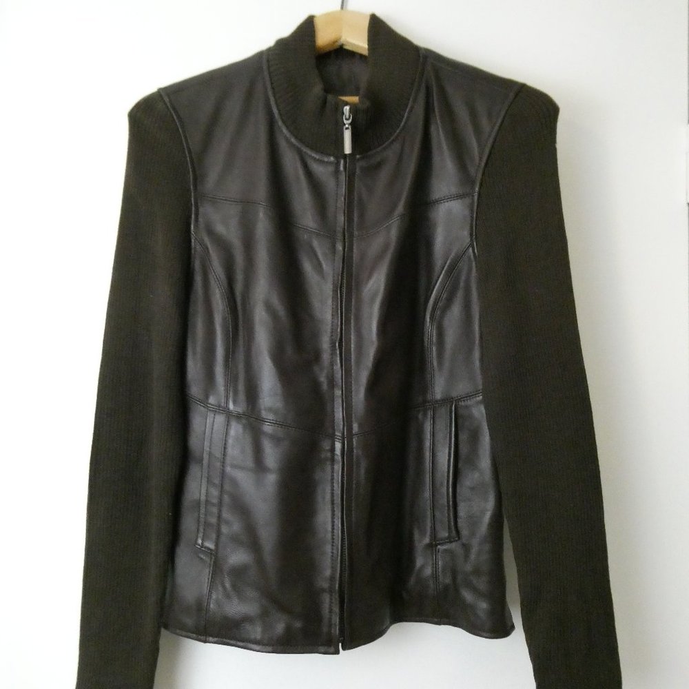 Jaclyn Smith Women's Genuine Leather and Ribbed Knit Jacket Brown Size 10
